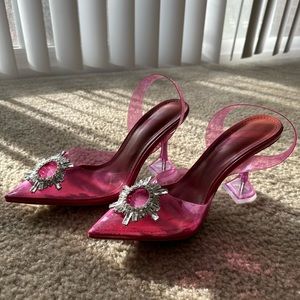 Clear Pink Slingback Heel Sandals/Pointed Toe Triangle Rhinestones